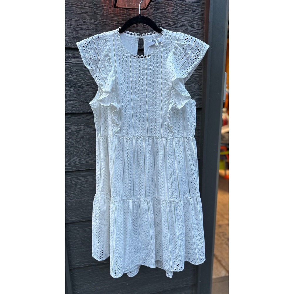 Crosby by Mollie Burch White Eyelet Ruffle Tiered Mini Dress Womens Size M